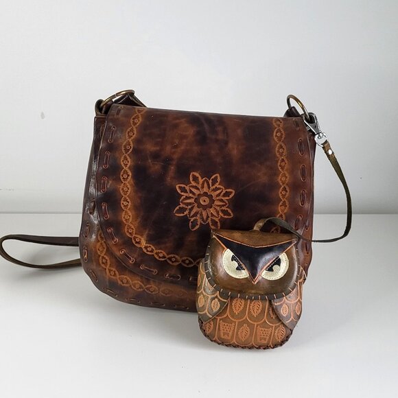 Handmade Tooled Leather Crossbody Bag w/ Owl Coin Purse I Vintage Boho Artisan - Picture 1 of 13